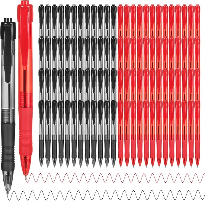 deegtran Pens Bulk, 100 Pack No Bleed Black & Red Ink Click Pens with Soft Grip, Wholesale Retractable Ballpoint Pens for Office School, Medium Point Smooth 1.0MM