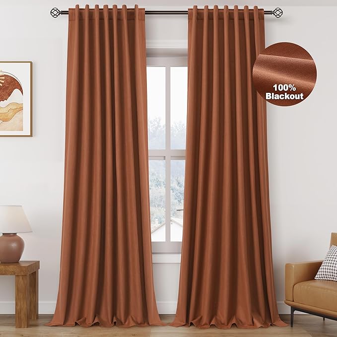 Nanspring Terracotta 100% Blackout Linen Curtains 132 inch Length Back Tab Rod Pocket Drapes Thermal Insulated Textured Living Room Blac kout Curtains 2 Panels Set 52x132