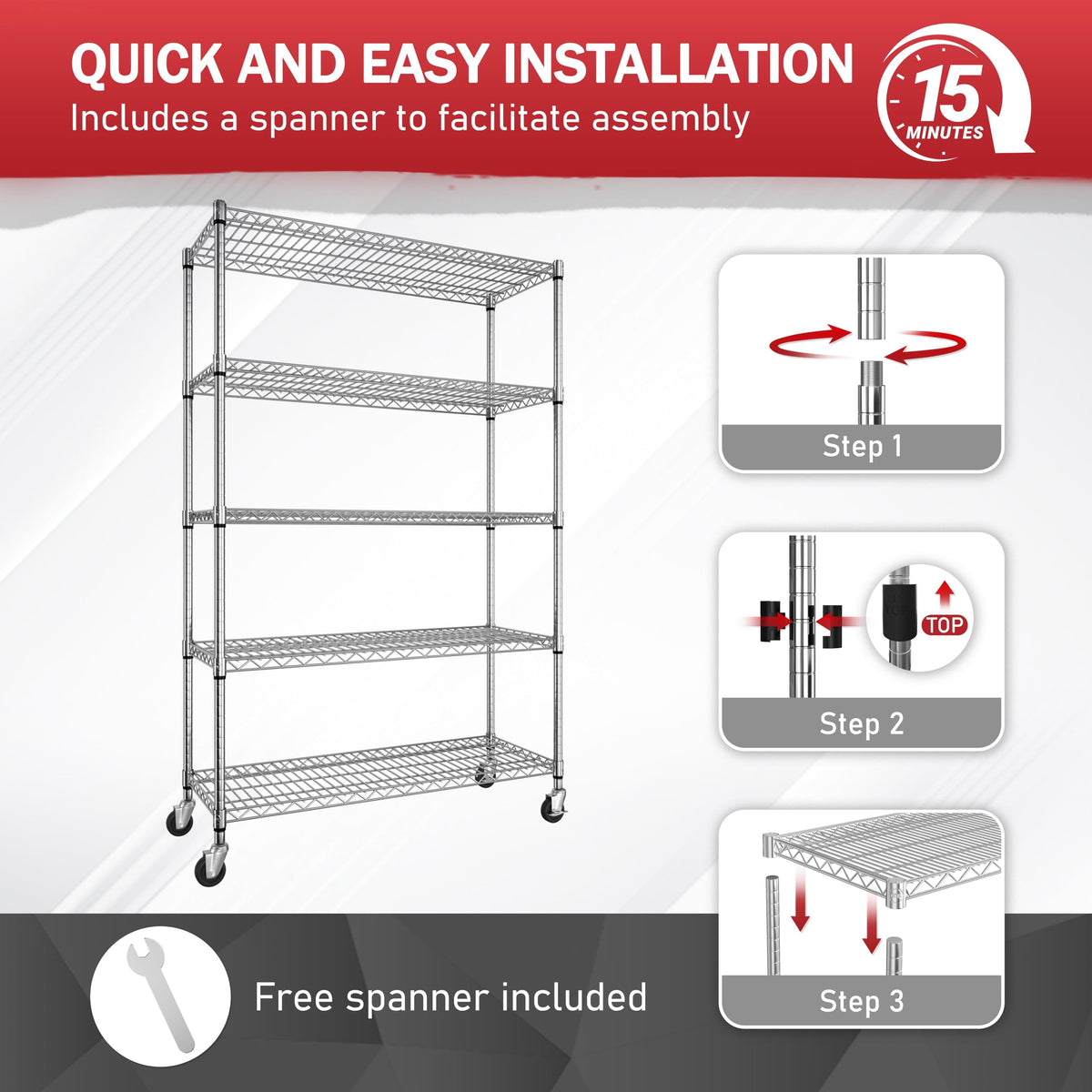 BlueWish 5-Tier Heavy Duty Steel Wire Shelving Unit with Wheels, Adjustable Storage Shelving Unit, 18" D x 48" W x 76" H NSF Certified Rolling Shelving for Kitchen Garage Basement Warehouse, Chrome