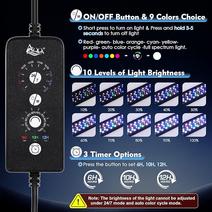 AQQA LED Aquarium Light 48W for 32-40 Inch Fish Tank, 24/7 Mode&DIY Mode Full Spectrum Fish Tank Light, IP68 Waterproof High Lumen Aquarium Plant Light, Adjustable Brightness/Timer, Memory Function