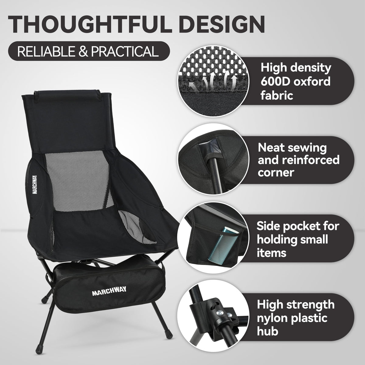 MARCHWAY Lightweight Folding High Back Camping Chair with Head Support, Stable Portable Compact for Outdoor Camp, Travel, Beach, Picnic, Festival, Hiking, Backpacking (Highback Black)