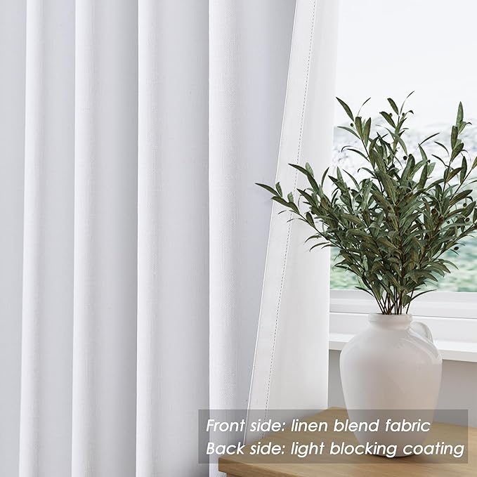 Full Blackout Linen White Curtains, 92 Inches Long for Living Room Patio Sliding Door Back Tab 100% Black Out Bedroom Curtains Pure White Elegant Modern Cosatal Window Curtain Panels Set of 2