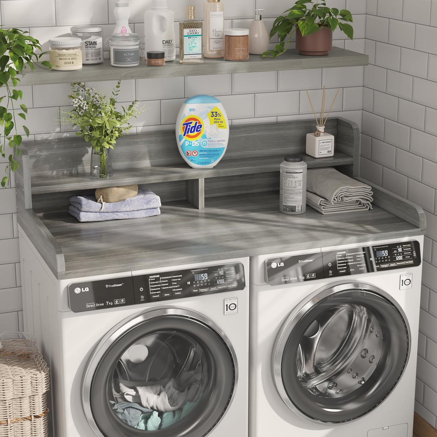 Corbyles 2-Tier Washer Dryer Countertop with 2.75"H Edge Rails, 54" W x 27.55" D Laundry Countertop for Folding Clothes, Washer and Dryer Topper with Non-Slip Pad (Stripe Gray)