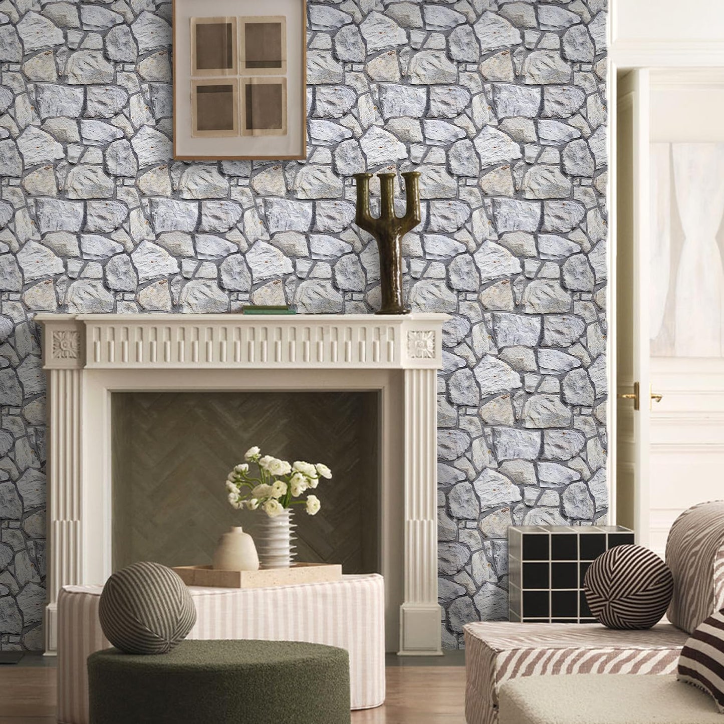 SMOOSTIKC 3D Faux Stone Wall Panels Peel and Stick, 10 Pcs 11.8" x 11.8", Stone-Look Textured Wall Sticker, Ultra-Light Thin PVC Fake Stone Wall Covering Tiles for Quick DIY, Whitewash Grey