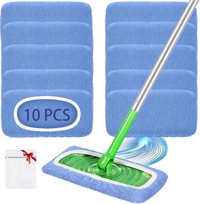 Reusable Mop Pads Compatible with Swiffer Sweeper Mop, Microfiber Dry Sweeping Cloths & Machine Washable Wet Pads Refill for Use on All Sealed Floors - Stone, Hardwood, Laminate & Tile (10 Blue)