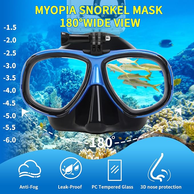 Snorkeling Gear for Adults Youth, Nearsighted Anti-Fog Diving Mask & Silicone Dry Snorkel for Scuba Diving Spearfishing Freediving