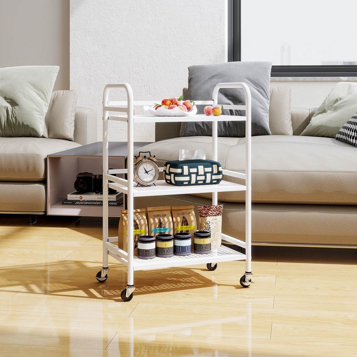 HDANI 3 Tier Rolling Cart,Heavy Duty Multifunctional Metal Frame-Supports 22 Lbs Per Tier,Rolling Cart with 2 Lockable Wheels for Office,Home,Bedroom,Kitchen,Bathroom (White)…