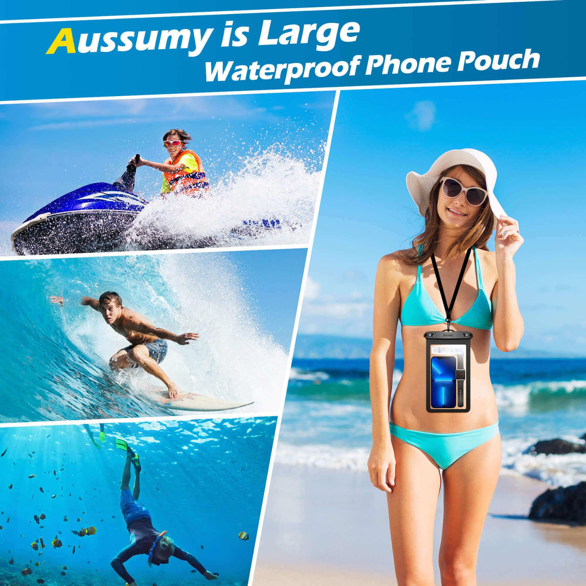 4 Pack 10.5“ Large Waterproof Phone Pouch - Underwater Clear Cell Holder - Universal Water Proof Dry Bag with Neck Lanyard for iPhone 16 Pro Max Samsung Galaxy with Heavy Case for Beach Swimming Pool