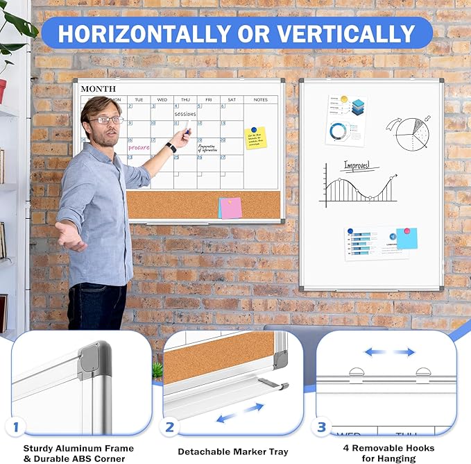 Monthly Calendar Whiteboard Dry Erase Cork Board Combo for Wall, 36" x 24" Magnetic Double-Sided Calendar White Board and Bulletin Board, Portable Board for Office, Kitchen, School, Home