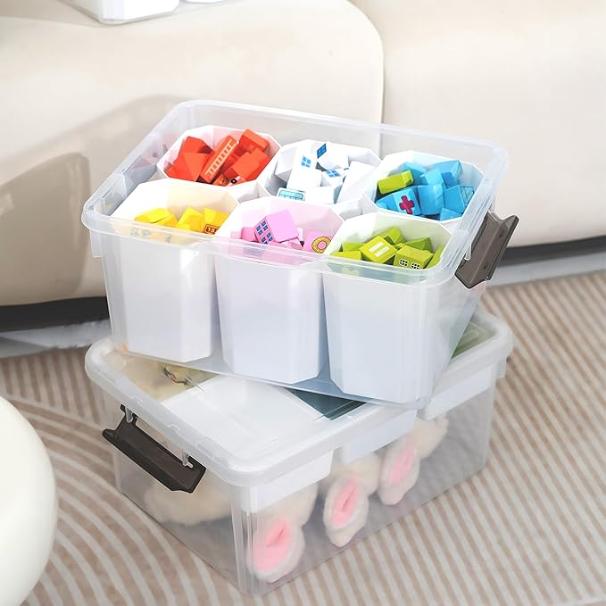 Citylife 17 QT Plastic Storage Box with Removable Tray and 6 Detachable Tall Inserts Craft Organizers and Storage Clear Storage Container for Organizing Crayon, Craft, Sewing, Playdoh, 2 Packs