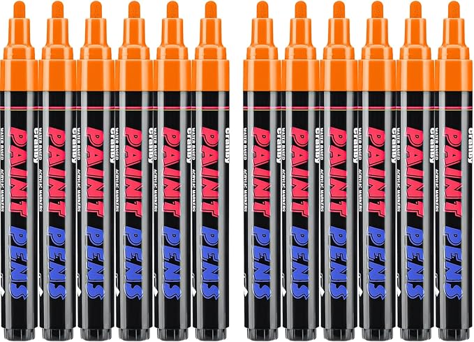 Orange Paint Pens Paint Markers - 12 Pack Permanent Quick Dry Waterproof Marker Pens for Rocks Wood Fabric Plastic Canvas Glass Mugs Metal Tire Stone