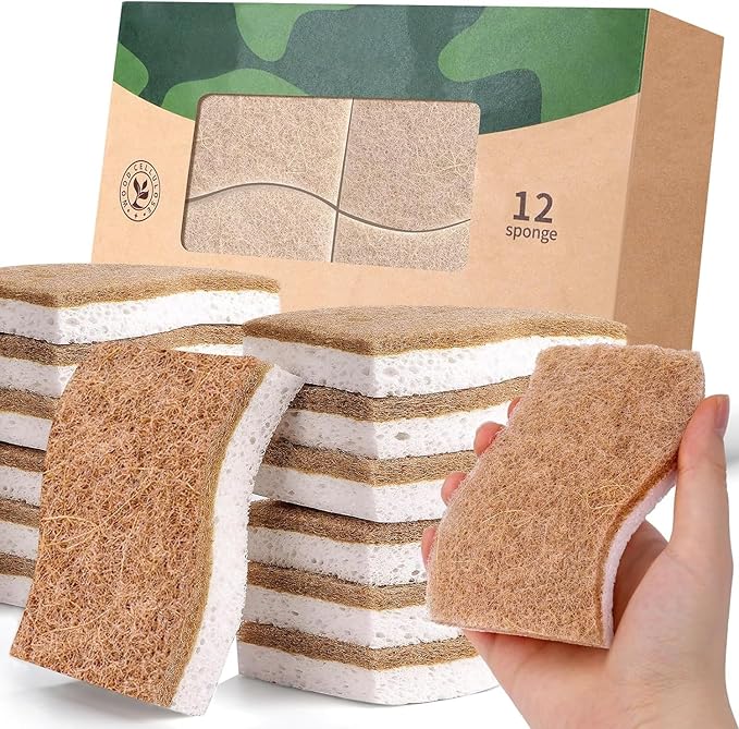 12Pack Natural Kitchen Sponge, Biodegradable Cellulose and Coconut Scrubber, Eco Friendly Sponges for Dishes