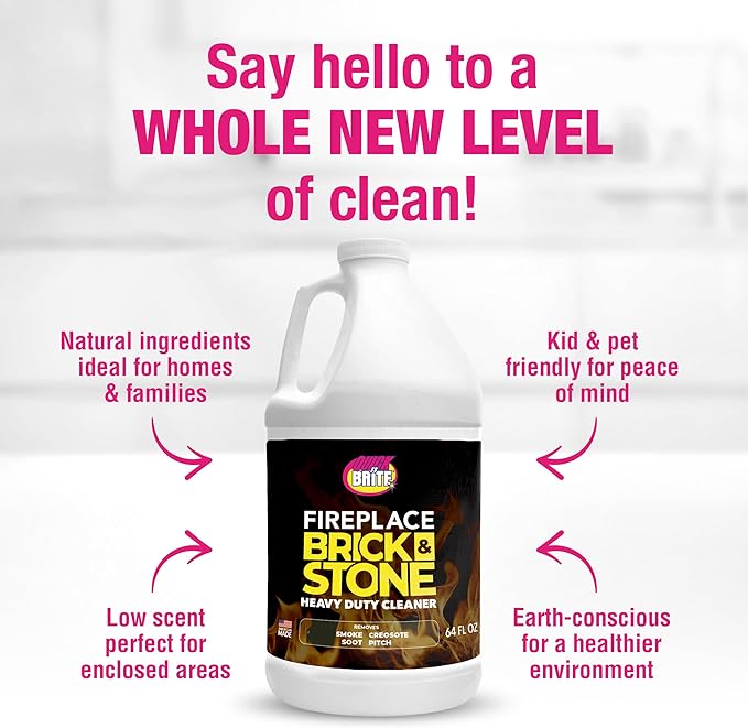 Quick N Brite Fireplace Gel Cleaner with Scrub Brush for Brick, Stone, Rock, Tile, and Marble, Nonabrasive Fireplace Cleaner, Made in the USA, 64oz