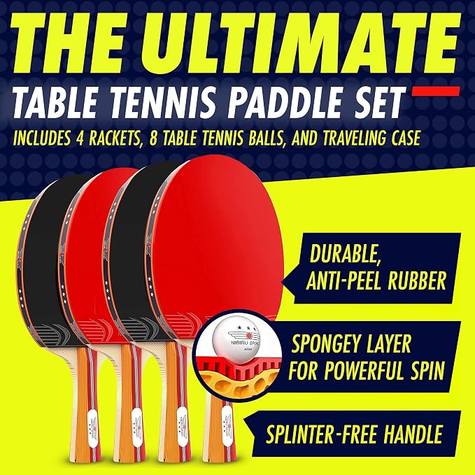 NIBIRU SPORT Professional Ping Pong Paddle Sets, 2 Paddle or 4 Paddle Table Tennis Set with Tournament Quality Balls and Carry Bag/Storage Case, Table Tennis Equipment & Ping Pong Accessories