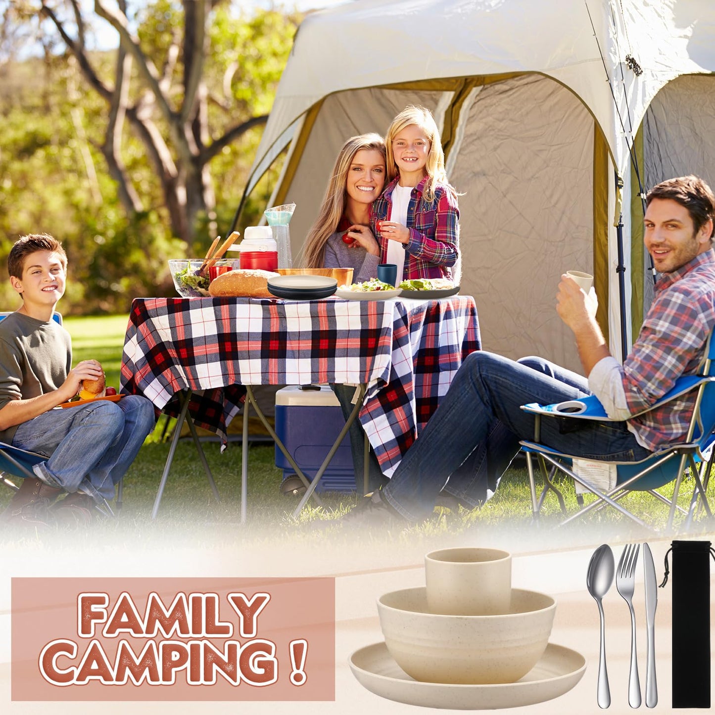 Teenyyou 4 Sets Camping Mess Kits for 4 Person Camping Silverware Set Include Cup, Bowl, Plate, Knife, Spoon, Fork Cutlery Set Unbreakable Wheat Straw Dinnerware Utensils for Travel(Dark Color)