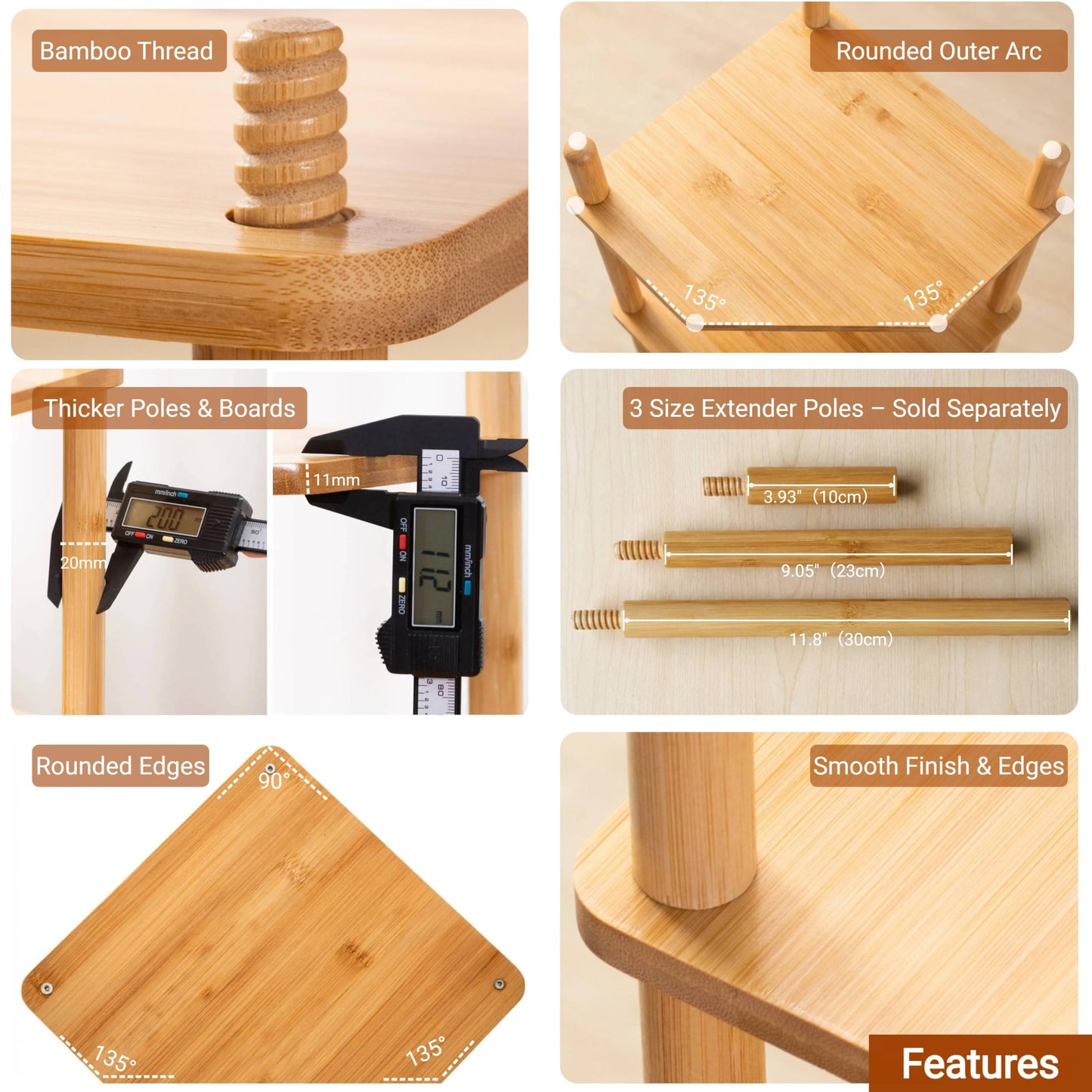 WooFawn 3-Tier Expandable Bamboo Corner Shelf - Dish/Plate Organizer for Cabinet, Kitchen Counter Shelf & Small Kitchen Shelf, Adjustable (Natural, 1-Pc 3.90" H)