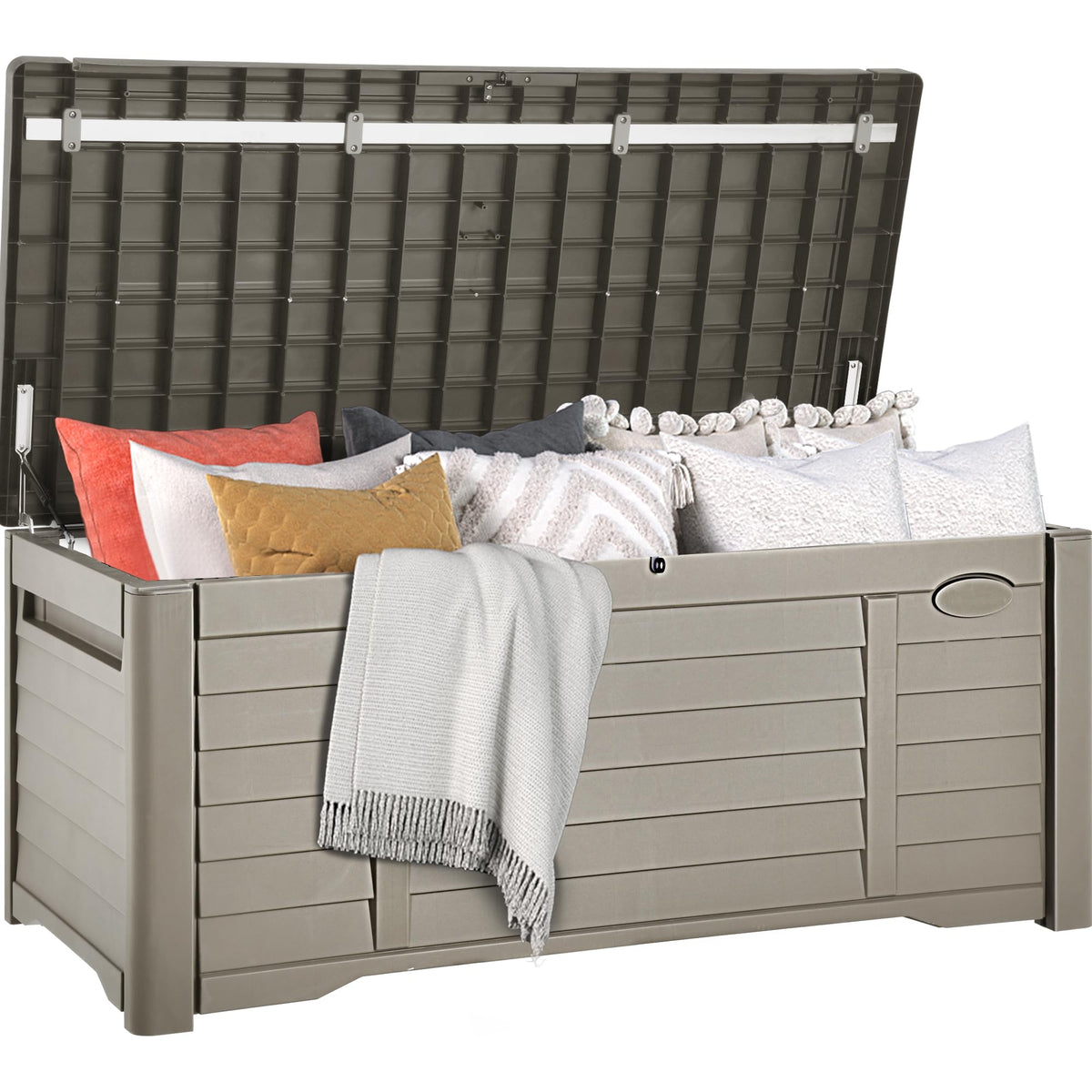 DWVO 120 Gallon Outdoor Storage Box, Large Resin Deck Box with Louver Design, Lockable Patio Storage Bin for Indoor and Outdoor Use, Pillows, Tools, and Pool Supplies -Light Brown