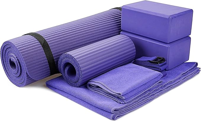 BalanceFrom 7-Piece Yoga Set with 71x24x0.5 Inches Extra Thick Mat and Carrying Sling – Includes 2 Blocks, Stretch Strap, 2 Towels, and Knee Pad for Home, Studio, and Gym Workouts