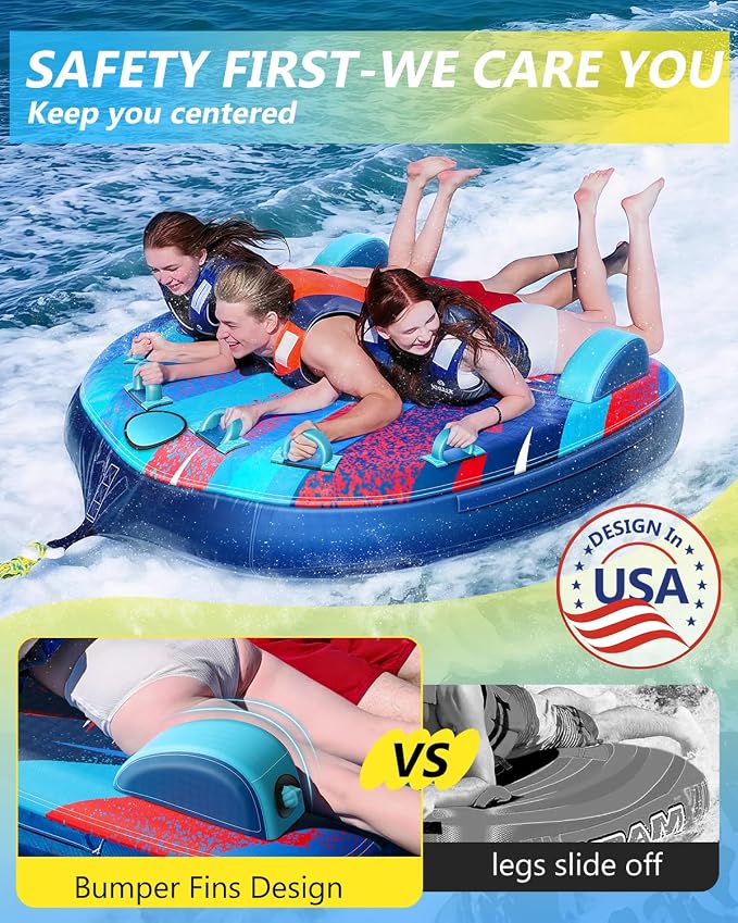 2025 Upgrade Towable Tubes for Boating 1-3 Riders Inflatable Water Sport Towable Tube for Boat Heavy Duty Nylon Cover with Zipper Bolster Fins Safety Air Valve Padded Handle