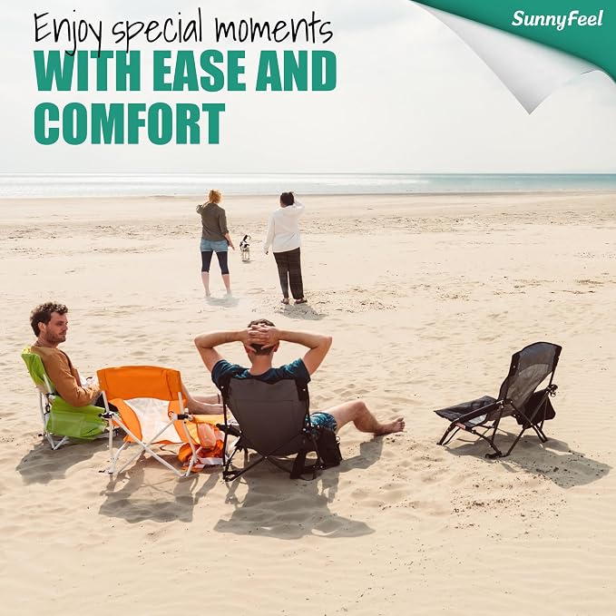 SUNNYFEEL Low Beach Chair 2 Pack, High Back Folding Beach Chairs for Adults with Cup Holder & Side Pocket, Lightweight Backpack Sand Chair Portable for Beach Camping Concert Lawn