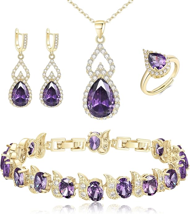 BriLove Wedding Jewelry Set for Women Bride Bridesmaid, Gorgeous Cubic Zirconia Teardrop Necklace Earrings Bracelet Adjustable Ring Jewelry Gift for Birthday/Anniversary/Mother’s Day