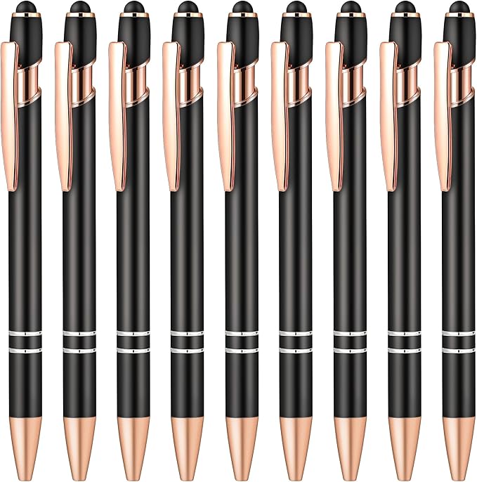 Aozora 9 Pack Ballpoint Pens Smooth Writing 2-in-1 Stylus Retractable Ballpoint Pen with Stylus tip, Office Decor Metal Stylu Pen for Touch Screens, 1.0 mm Black Ink (Black)