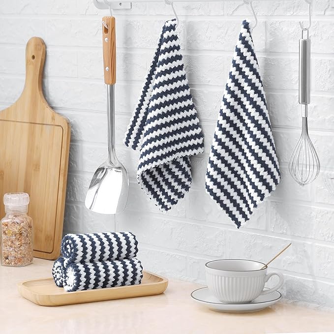 Homaxy 12 Pack Kitchen Dish Cloths, Ultra Soft and Absorbent Dish Towels, Reusable Fast Drying Microfiber Cleaning Cloth, Coral Velvet Wave Design No-lint, 10 x 10 inches, Dark Grey