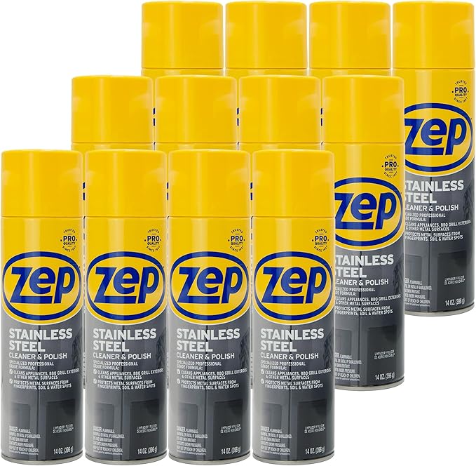 Zep Stainless Steel Cleaner and Polish - 14 oz (Case of 12) ZUSSTL14 - Protects Metal Surfaces From Fingerprints, Soil & Water Spots