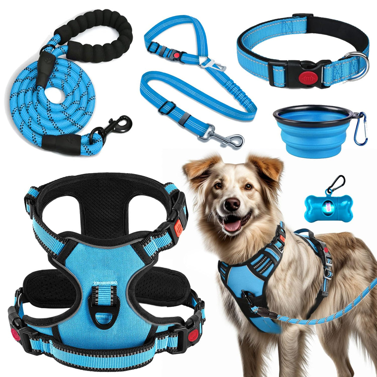 LOBEVE No Pull Dog Harness, Collar & Leash Set | Includes Dog Seat Belt, Collapsible Bowls & Poop Bag Dispenser. Ideal for Training, Walking, Hiking. Fits Small to Large Dogs(Blue-L)