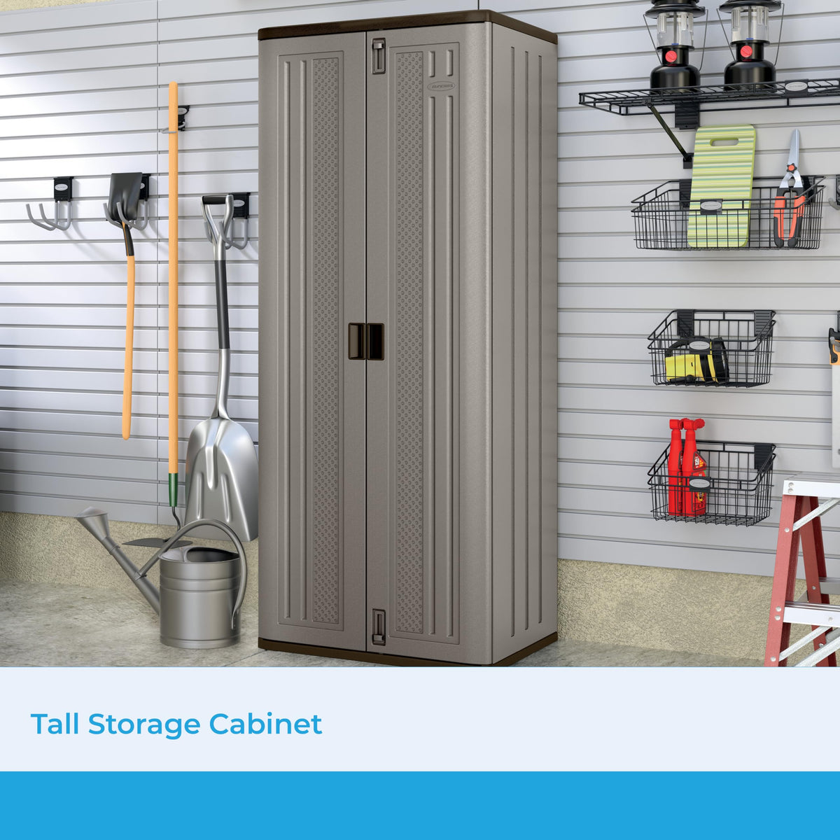Suncast Tall Storage Cabinet, Platinum Resin Outdoor & Garage Storage Cabinet with Doors & Shelves, Plastic, Weather-Resistant, Lockable, Freestanding Utility Closet for Tools & Supplies, Made in USA