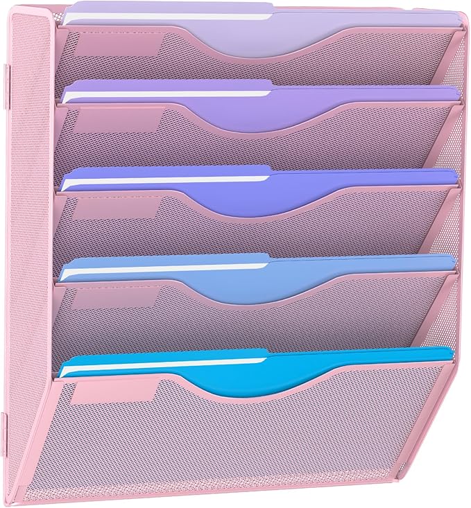 5 Tier Hanging Wall File Organizer, Mesh Mail Paper Orgnization Hanging File Folder Holder for Home Office, Pink