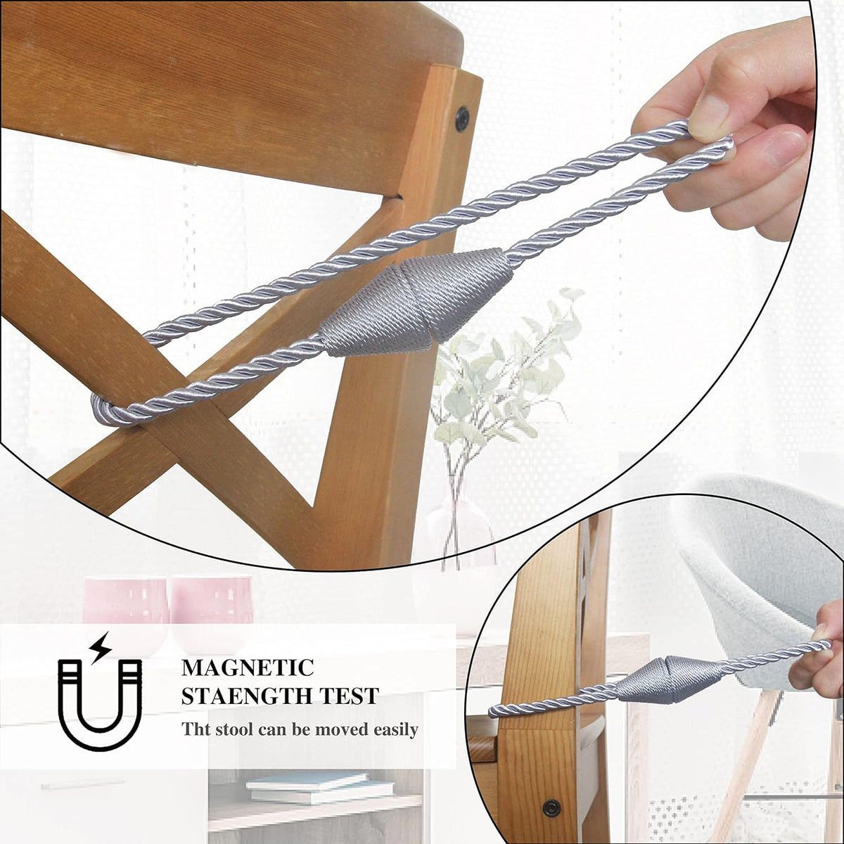 2 Pack Magnetic Curtain Tiebacks Rope Modern Handmade Curtain Tie Backs Decorative Drapes Weave Holdbacks for Window Décor, Grey