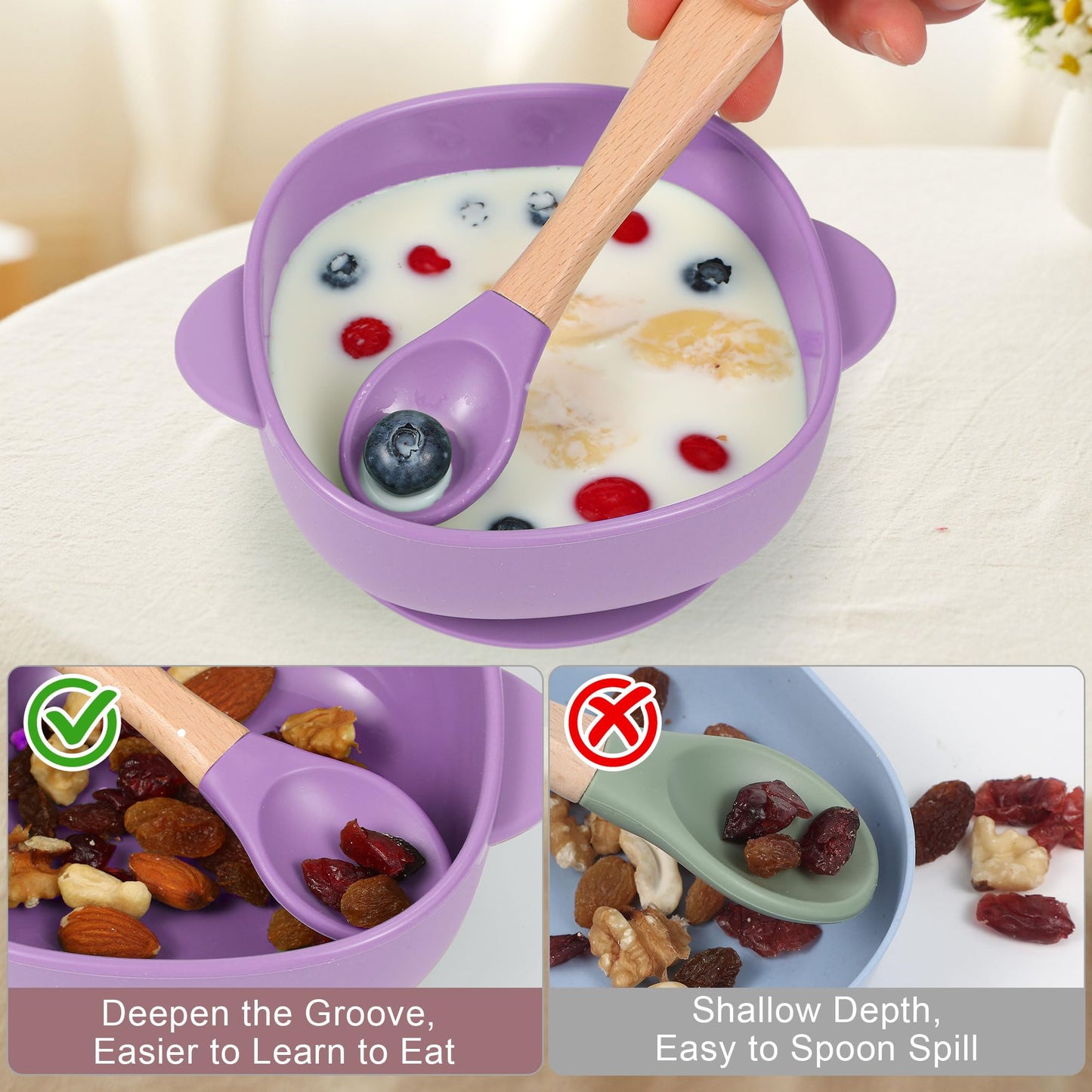 MIICASA Silicone Baby Feeding Set, Baby Led Weaning Supplies, Silicone Suction Butterfly Plate, Bowl, Spoons, Fork and Waterproof Bib & Cloth Bib, Eating Utensils Baby Feeding Essentials (Purple)