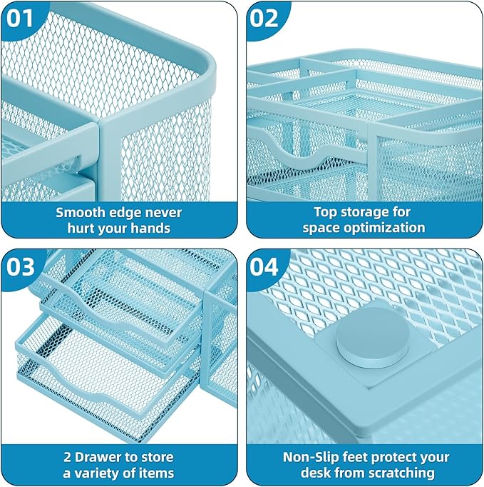 Marbrasse Mesh Desk Organizer, Pen Organizer with 2 Drawer, Multi-Functional Pencil Holder, Desk Organizers and Accessories with 5 Compartments + Drawer for Office Art Supplies (Blue)