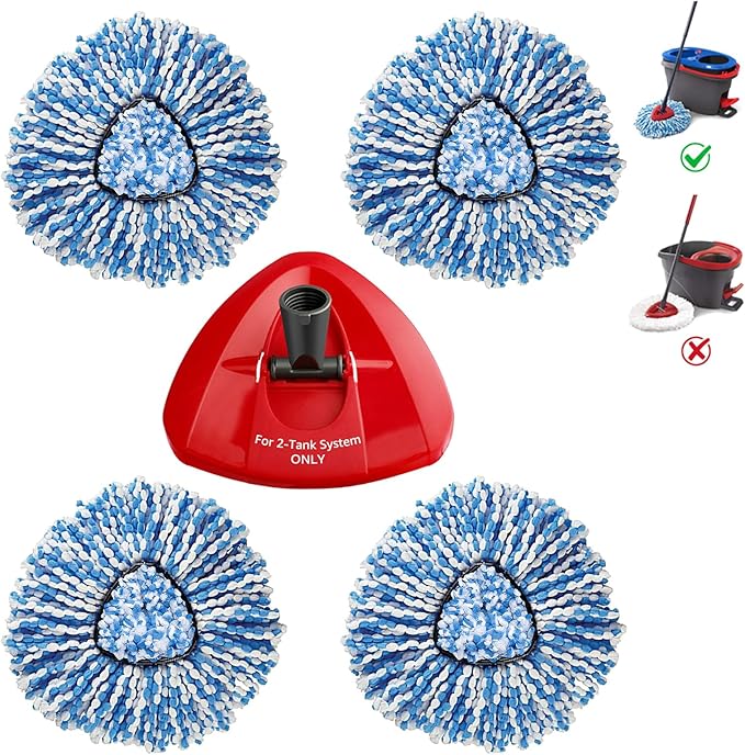 BonusLife 4 Pack Mop Refills and 1 Head Base Part for O-Ceda RinseClean Spin 2-Tank System - Easy Cleaning Microfiber Replacement