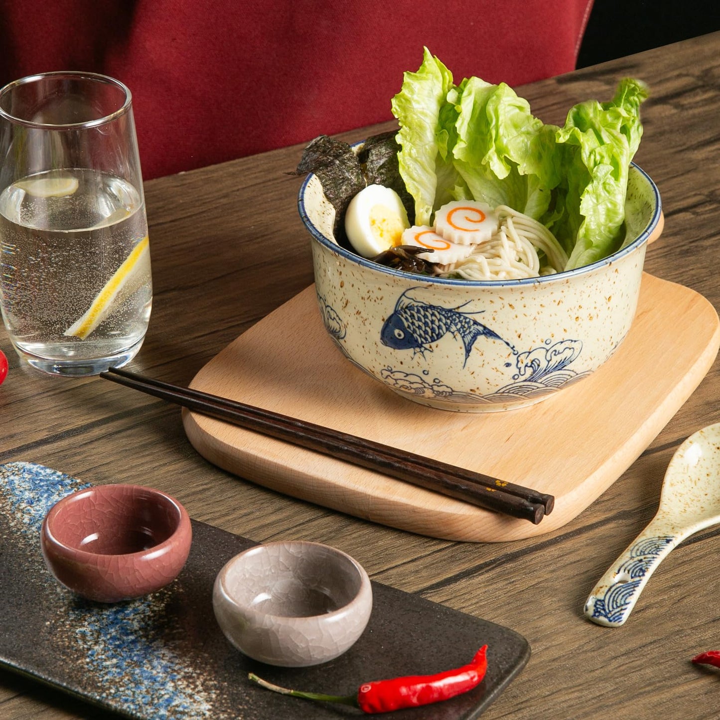 Niturceal Ceramic Ramen Bowl Set Ramen Noodle Bowl with Lid 27oz Japanese Retro Style Soup, Pho, Udon Bowls, Matching Spoons and Chopsticks for Microwave & Dishwasher Safe, Fish
