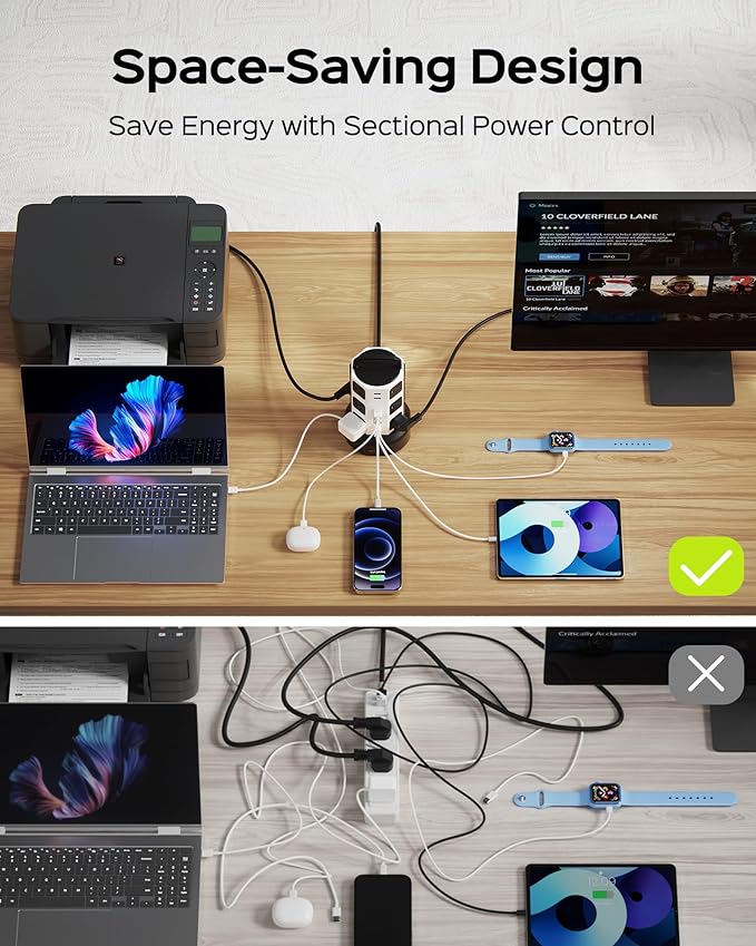 【10ft】 Power Strip Tower JACKYLED Surge Protector Electric Charging Station with 13A 12 Outlets 6 USB Ports Heavy Duty Extension Cord for Home Office Computer Nightstand Laptop Phone White Black