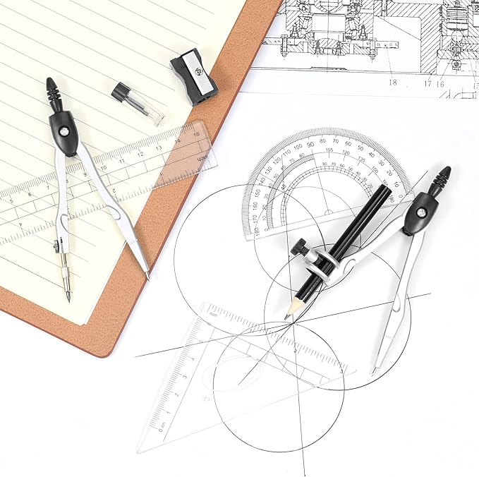 Math Geometry Kit Sets 10 Piece Student Supplies with Shatterproof Storage Box,Includes Rulers,Protractor,Compass,Eraser,Pencil Sharpener,Lead Refills,Pencil,for Drafting（Black）