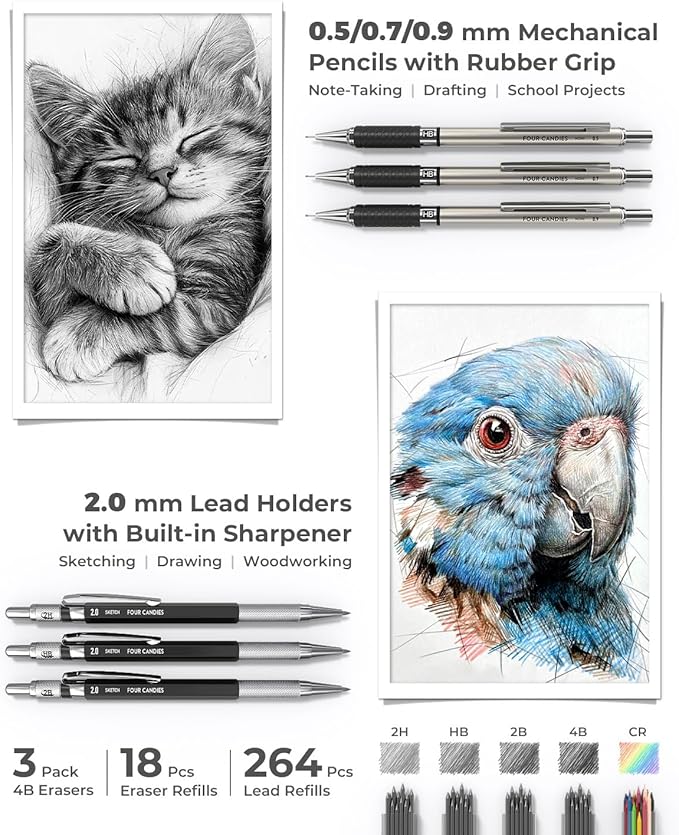Four Candies 45 PCS School Supplies with Pen Case, 6 Gel Pens, 6 Art Mechanical Pencil Set, 12 Highlighters for College Essentials Office Stationery (Black)