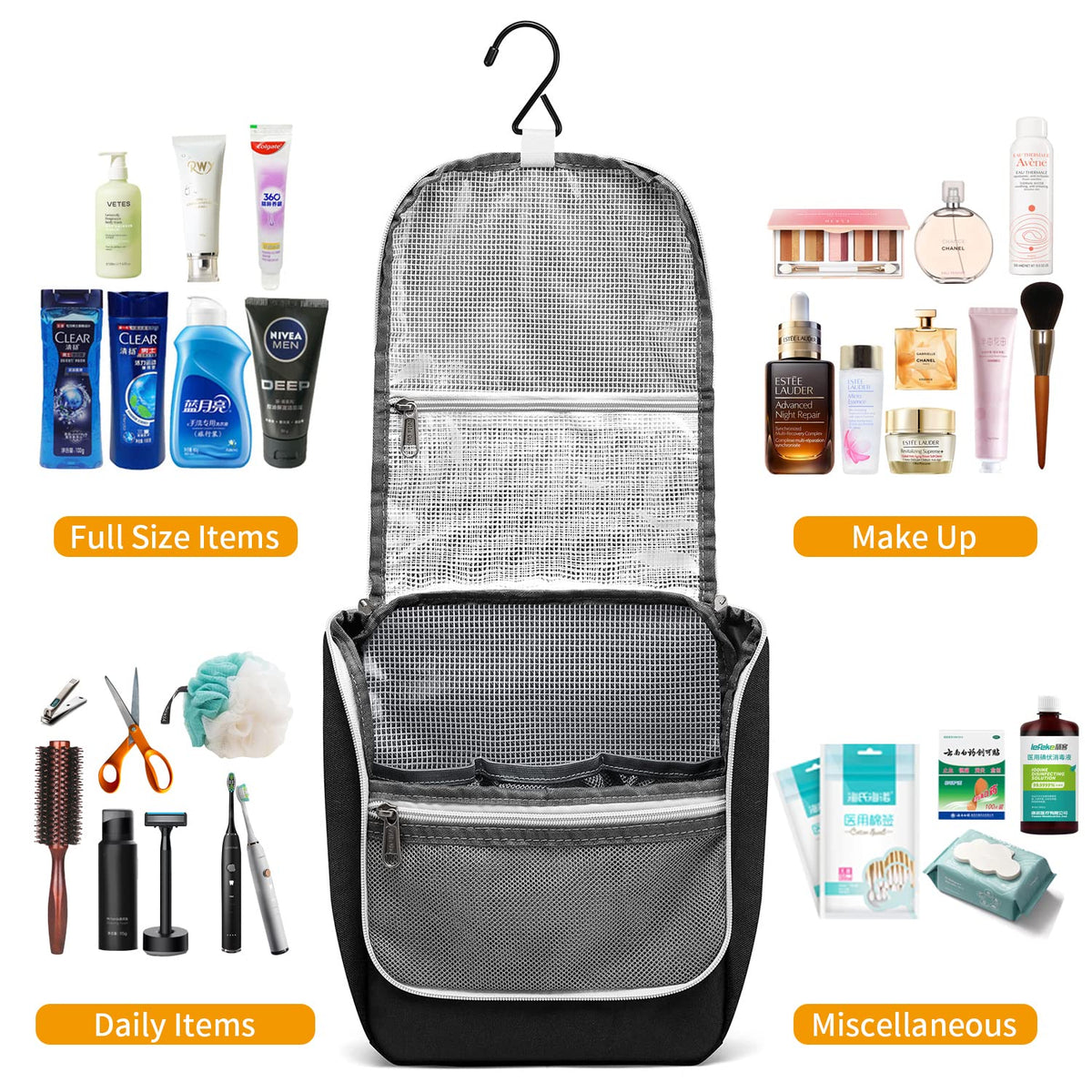 Della Gao Black Water Repellent Polyester Hanging Toiletry Bag for Travel