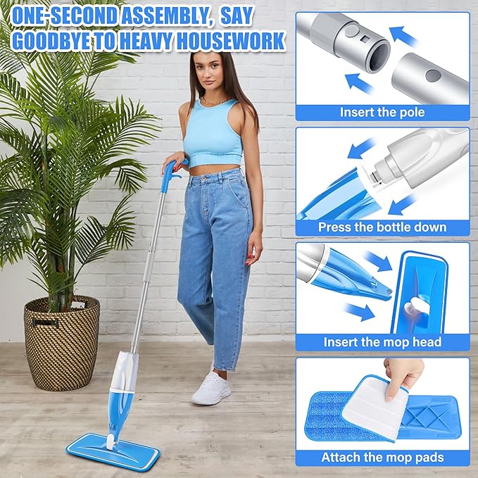 Spray Mop for Hardwood Floors Cleaning: Microfiber Wet Dry Floor Mops with 4 Washable Pads for Swiffer PowerMop - Flat Mop with Sprayer for Kitchen Tile Wood Laminate Vinyl