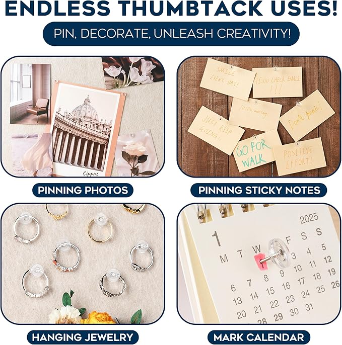 150 Pack Clear Push Pins Tacks by Luxurecourt, Flat Head Thumbtacks for Bulletin Board, Wall Hanging, Cork Board, Shadow Box, Heavy Duty Plastic Head with Steel Point in Reusable Storage Box.