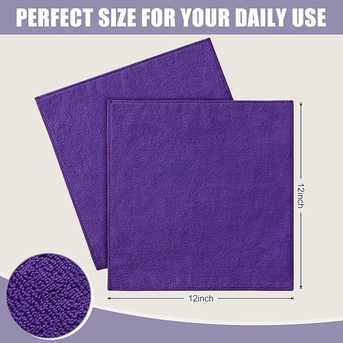 Kitinjoy 12 Pack Microfiber Cleaning Cloth(12 x 12 Inches, Purple), Ultra Soft and Absorbent Cleaning Rags, Reusable and Non-Linting dust Removal Cleaning Cloths for Car, House, Kitchen