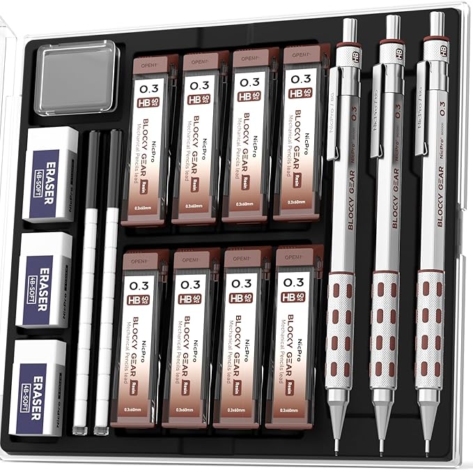 Nicpro 3 Pack Blocky Gear 0.3 mm Metal Mechanical Pencils Set with Case, Lead Drafting Pencil with 8 Tube (480PCS) Lead Refills, 4 Erasers, 18 Eraser Refills for Art Writing, Sketching Drawing