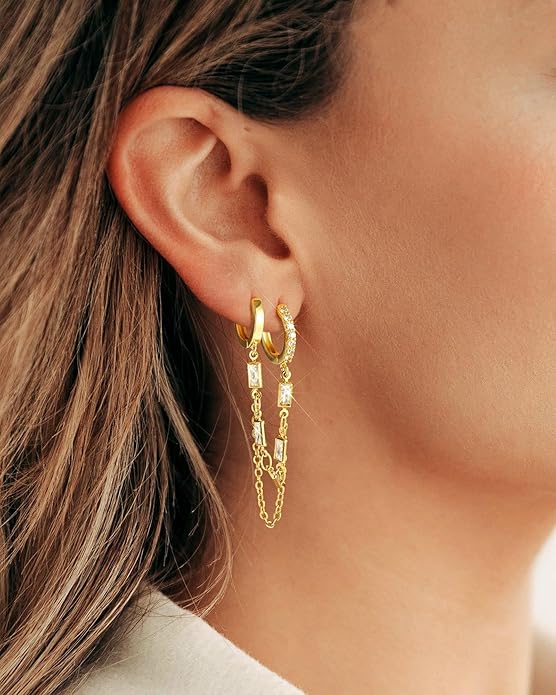Tassel Chain Small Gold Hoop Dangle Earring For Women Huggie Earring Heart Star CZ 14K Gold Plated Fashion Jewelry Friendship Gift