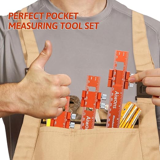 Woodworking Ruler Pocket Rule -12/8/6 Inch Precision Pocket Ruler with 45°& 30°Metal Slide Stop - Wood Marking Ruler Metric Inch Measuring Scribing Rulers - Aluminum Alloy Square Ruler