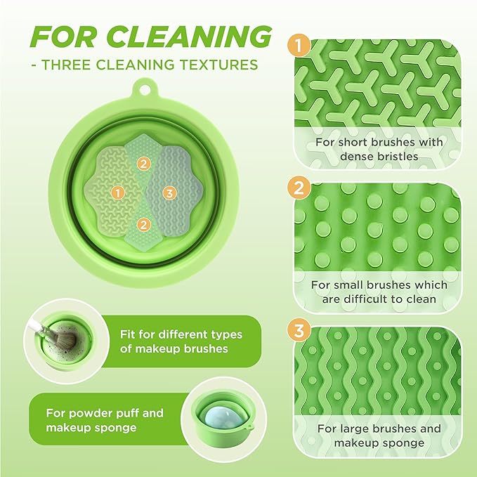 Makeup Brush Cleaner - Foldable Silicone Makeup Brush Cleaner Mat with Brush Storage Holder Makeup Brush Cleaning Bowl Cosmetic Brush Washing Tool for Cleaning Organizer and Drying (Green)