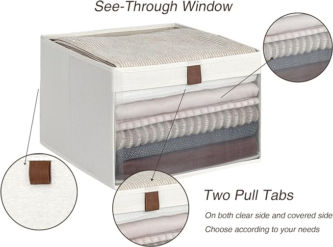 StorageWorks Closet Storage Bins, Extra Large Storage Baskets with Clear Window and Handles, Foldable Fabric Organizer for Clothes, Shelves, Beige, 3 Pack