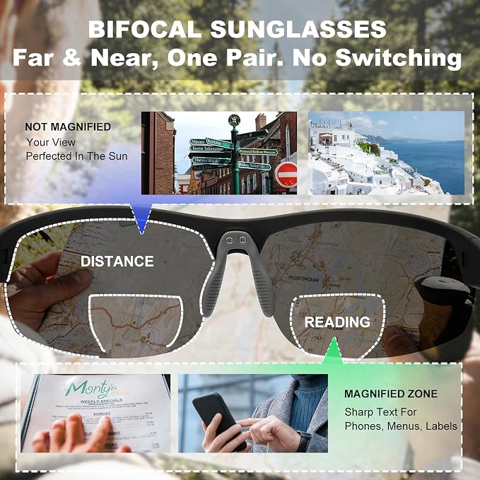 Missfive 2 Pack Mens Preferred Bifocal Sunglasses with Readers Built in, Sporty Semi-Rimless Wrap Dark Reading Glasses UV400 Protection, Adjustable Nose Pad Sun Reader for Outdoor/Driving +1.25
