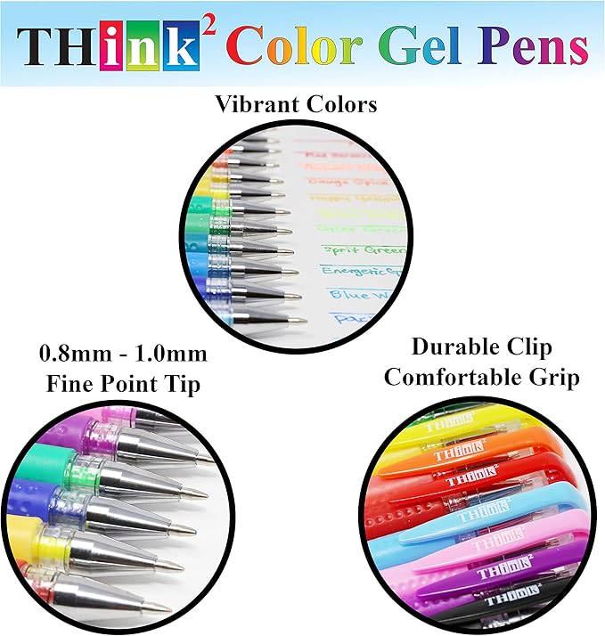THINK2MASTER [24 Colors] Think2 Color Gel Pens Set for Kids and Adult. Perfect for Drawing, Journaling, Doodling, Scrapbooking